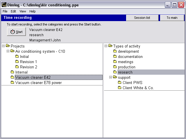 Time recording per project and subproject, and other user-defined categories